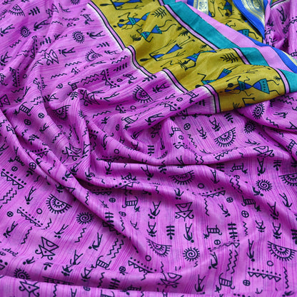 Indian Vintage Saree Pink & Blue Moss Crepe Warli Printed Sari 5yd Sewing Soft Craft Fabric Dressmaking For Crafting Quilting Upcycle