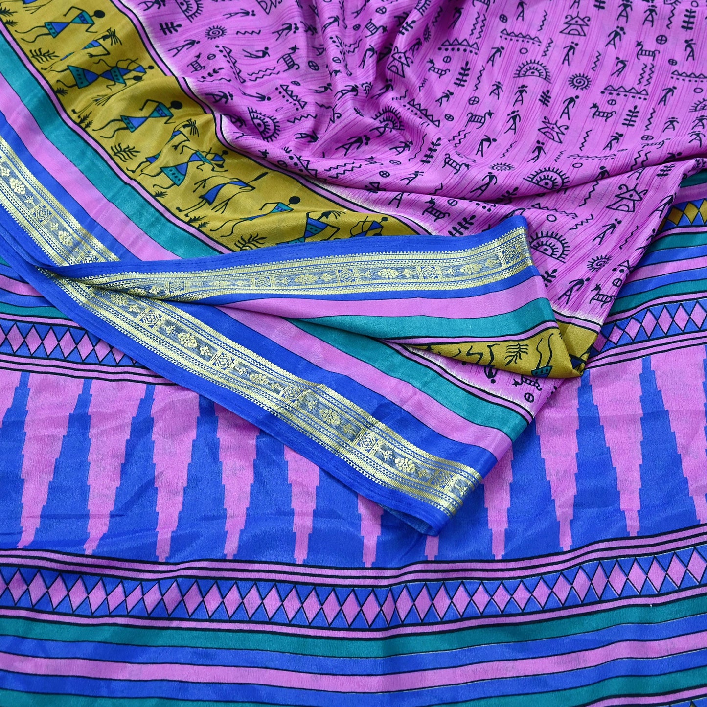 Indian Vintage Saree Pink & Blue Moss Crepe Warli Printed Sari 5yd Sewing Soft Craft Fabric Dressmaking For Crafting Quilting Upcycle