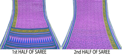Indian Vintage Saree Pink & Blue Moss Crepe Warli Printed Sari 5yd Sewing Soft Craft Fabric Dressmaking For Crafting Quilting Upcycle