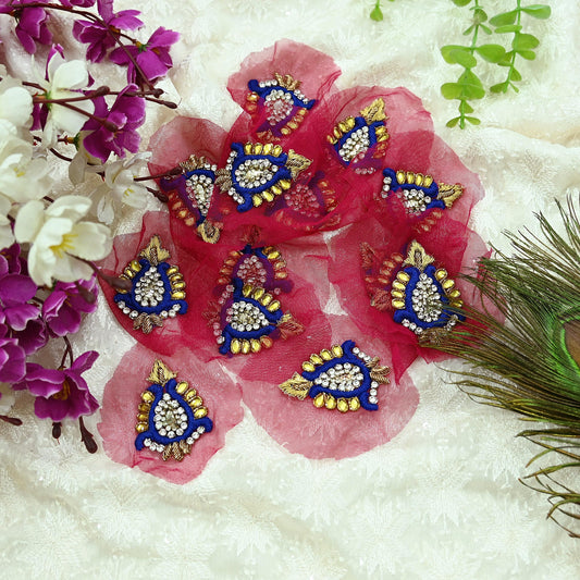 Indian Vintage Pink Net Hand-Embroidered Appliques  Set of 3, Zardozi, Dabka, Mukesh, Bead Work | Floral Patches for Crafts, Journals