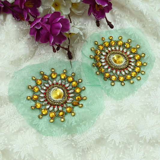 Indian Vintage Green Net Hand-Embroidered Appliques  Set of 2 I Zardozi, Dabka, Mukesh, Bead Work | Floral Patches for Crafts, Journals