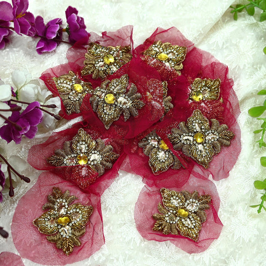 Indian Vintage Pink Net Hand-Embroidered Appliques  Set of 3, Zardozi, Dabka, Mukesh, Bead Work | Floral Patches for Crafts, Journals