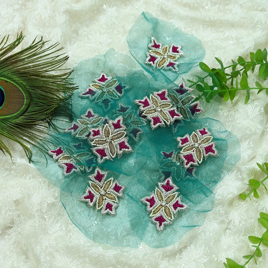 Indian Vintage Green Net Hand-Embroidered Appliques  Set of 3 I Zardozi, Dabka, Bead Work | Floral Patches for Crafts, Journals
