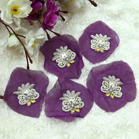 Indian Vintage Purple Pure Georgette Silk Appliques  Set of 5 | Hand-Embroidered Floral Patches with Zardozi, Dabka, for Craft, Journals