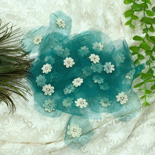 Indian Vintage Green Net Hand-Embroidered Appliques  Set of 1 I Zardozi, Dabka, Bead Work | Floral Patches for Crafts, Journals