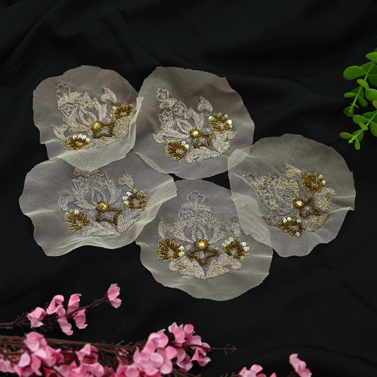 Indian Vintage Peach Net Hand-Embroidered Appliques  Set of 5 I Zardozi, Dabka, Bead Work | Floral Patches for Crafts, Journals