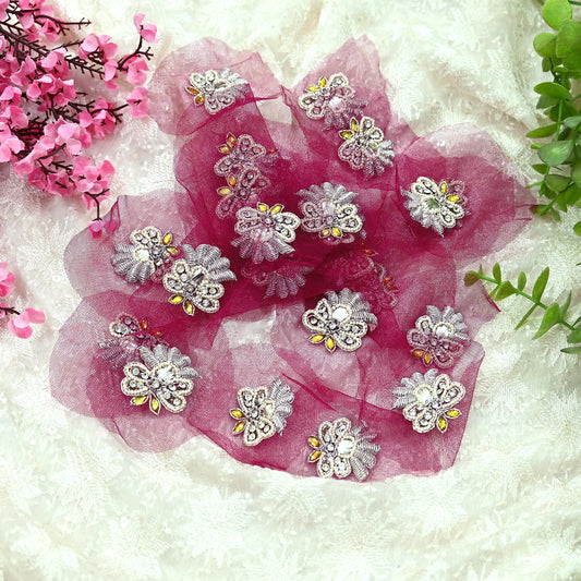 Indian Vintage Pink Net Hand-Embroidered Appliques  Set of 5, Zardozi, Dabka, Mukesh, Bead Work | Floral Patches for Crafts, Journals