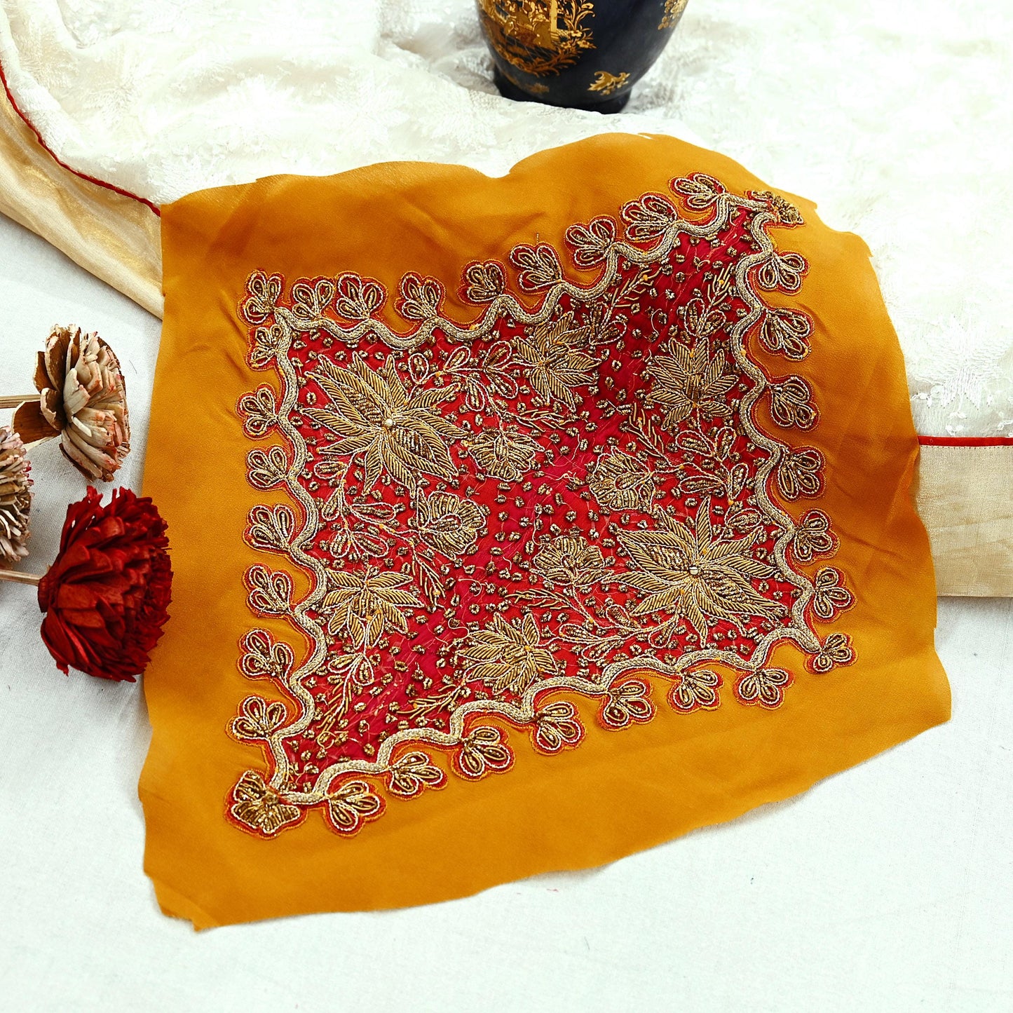 Indian Vintage Pink Pure Crepe Silk Appliques  Set of 1 | Hand-Embroidered Floral Patches with Zardozi,Dabka, Zari,for Craft, Journals