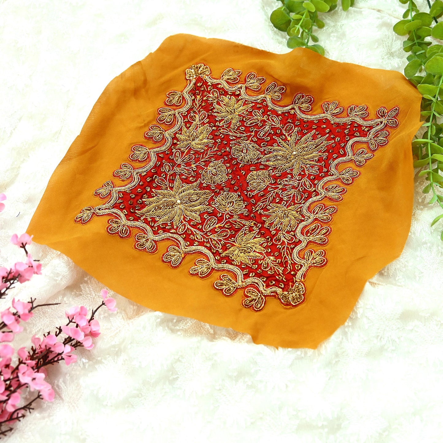 Indian Vintage Red Pure Crepe Silk Appliques  Set of 1 | Hand-Embroidered Floral Patches with Zardozi,Dabka, Zari,for Craft, Journals