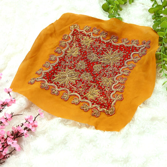 Indian Vintage Red Pure Crepe Silk Appliques  Set of 1 | Hand-Embroidered Floral Patches with Zardozi,Dabka, Zari,for Craft, Journals