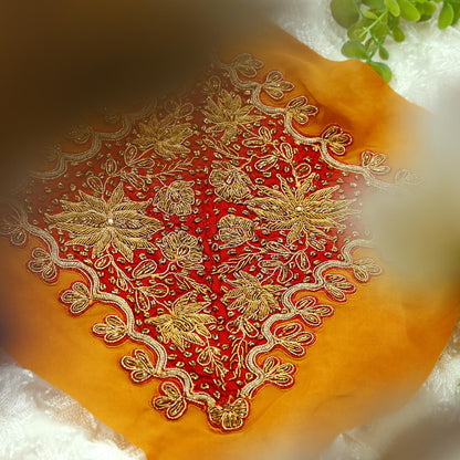 Indian Vintage Red Pure Crepe Silk Appliques  Set of 1 | Hand-Embroidered Floral Patches with Zardozi,Dabka, Zari,for Craft, Journals