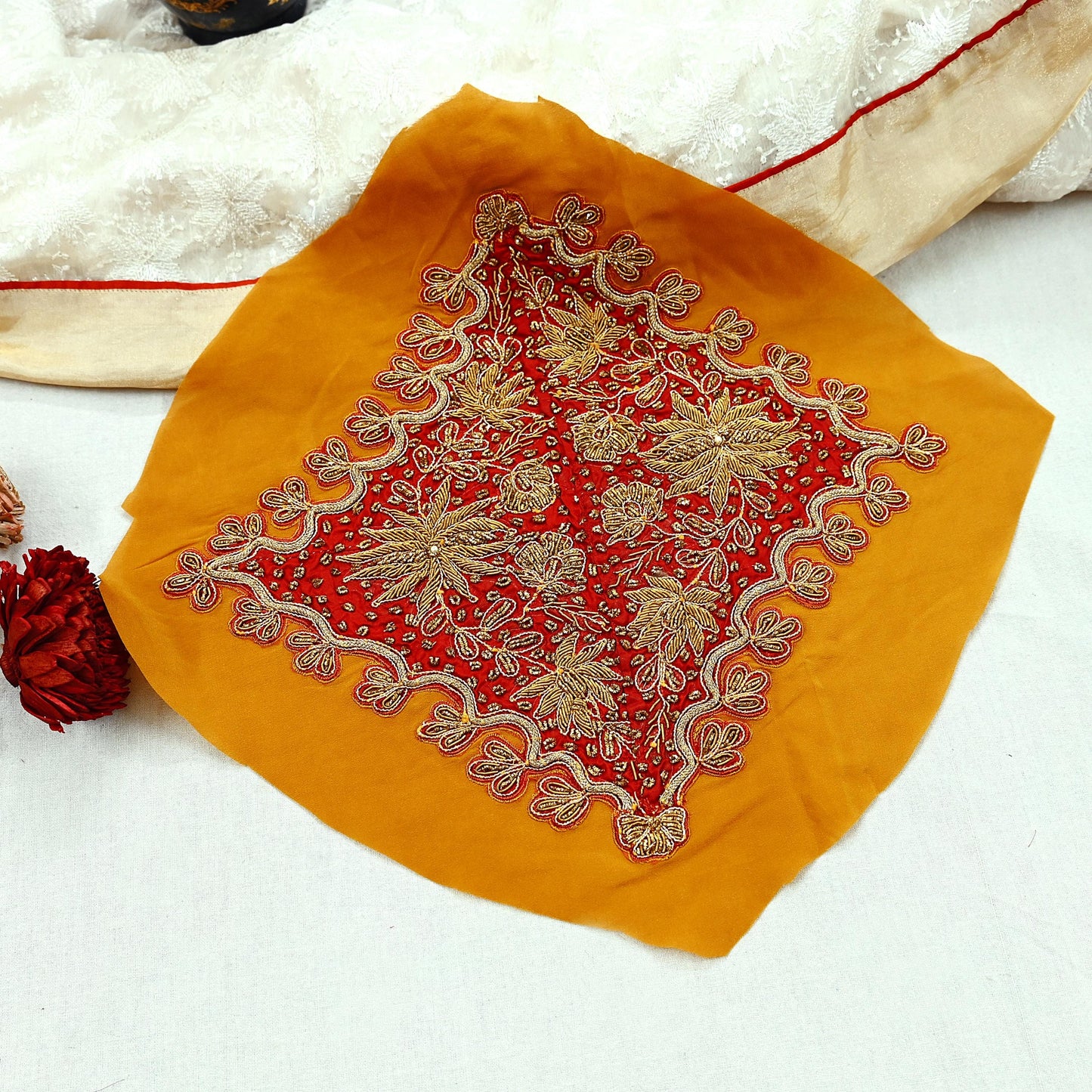 Indian Vintage Red Pure Crepe Silk Appliques  Set of 1 | Hand-Embroidered Floral Patches with Zardozi,Dabka, Zari,for Craft, Journals