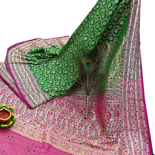 Indian Vintage Heavy Wedding Banarasi Sari 5 Yards Pure Satin Silk Hand-Embroidered Zari, Work Brocade Craft Fabric for Dressmaking