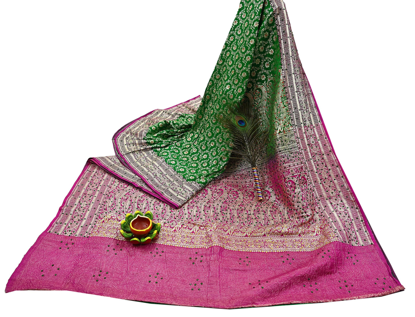 Indian Vintage Heavy Wedding Banarasi Sari 5 Yards Pure Satin Silk Hand-Embroidered Zari, Work Brocade Craft Fabric for Dressmaking