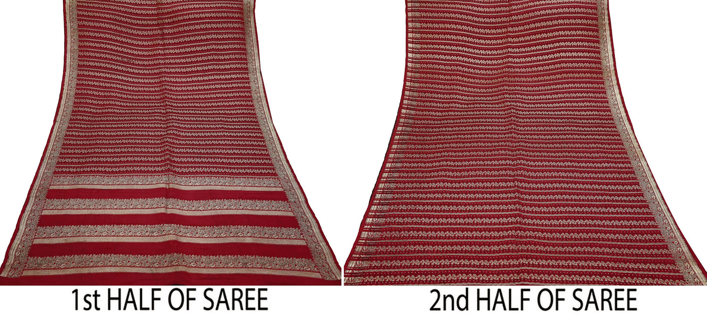 Indian Vintage Heavy Maroon Banarasi Saree | 5 Yards Pure Satin Silk | Woven Brocade Zari Floral| Pure Metallic Zari Fabric for Dressmaking