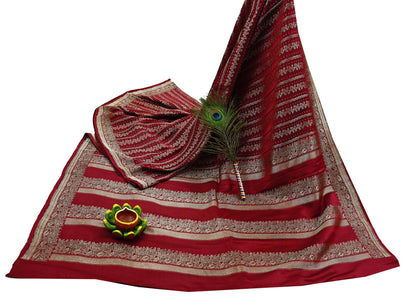 Indian Vintage Heavy Maroon Banarasi Saree | 5 Yards Pure Satin Silk | Woven Brocade Zari Floral| Pure Metallic Zari Fabric for Dressmaking