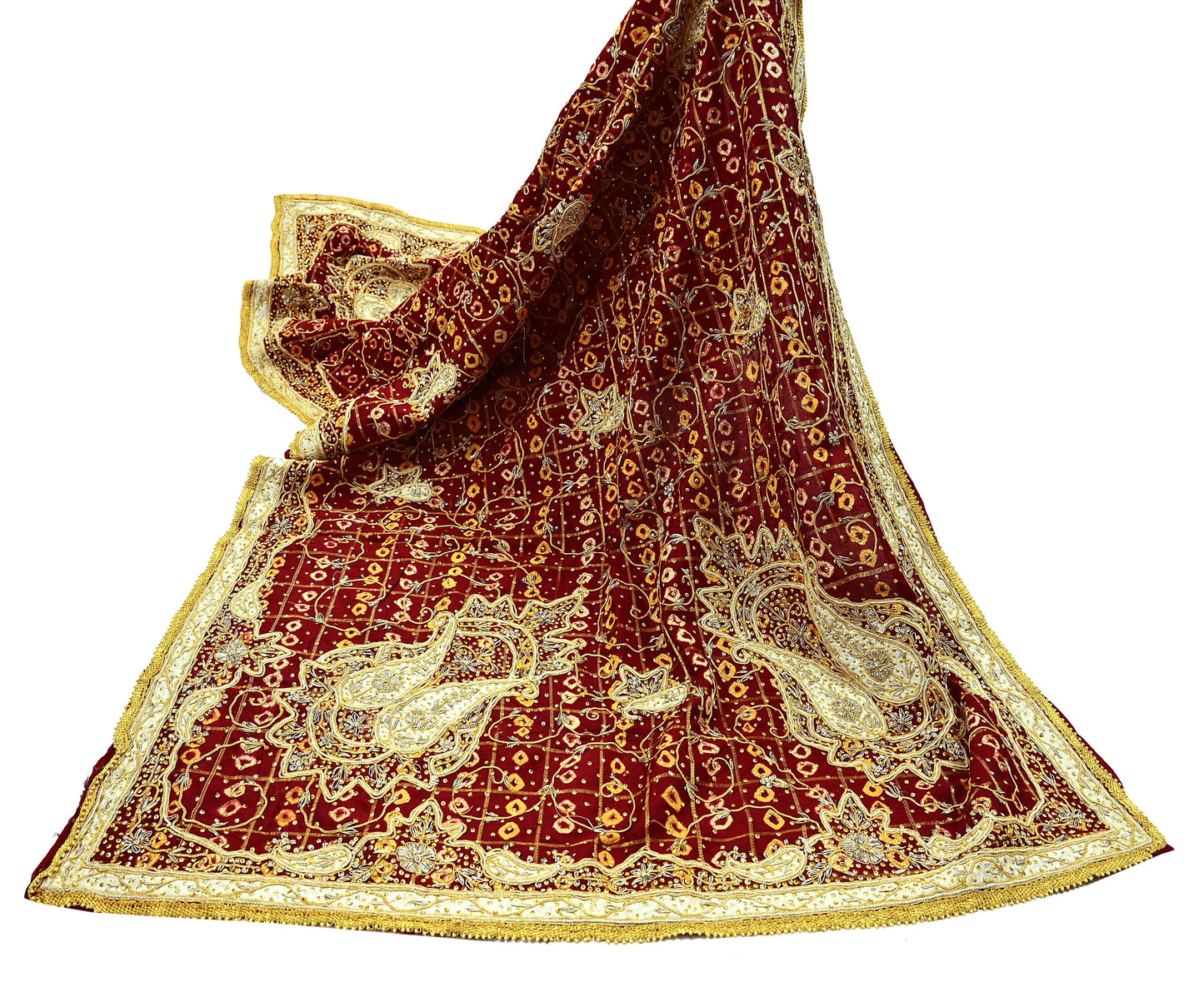 Indian Vintage Heavy Bridal Maroon Dupatta Pure Cotton Long Stole Hand Embroidered Bandhani Gharchola Scarves Wedding/Party Wear Peacock