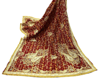 Indian Vintage Heavy Bridal Maroon Dupatta Pure Cotton Long Stole Hand Embroidered Bandhani Gharchola Scarves Wedding/Party Wear Peacock