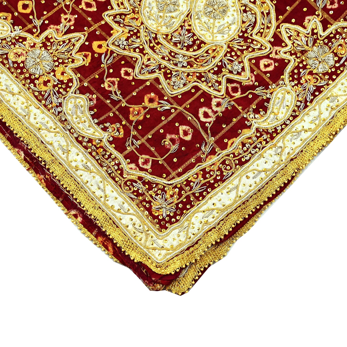 Indian Vintage Heavy Bridal Maroon Dupatta Pure Cotton Long Stole Hand Embroidered Bandhani Gharchola Scarves Wedding/Party Wear Peacock