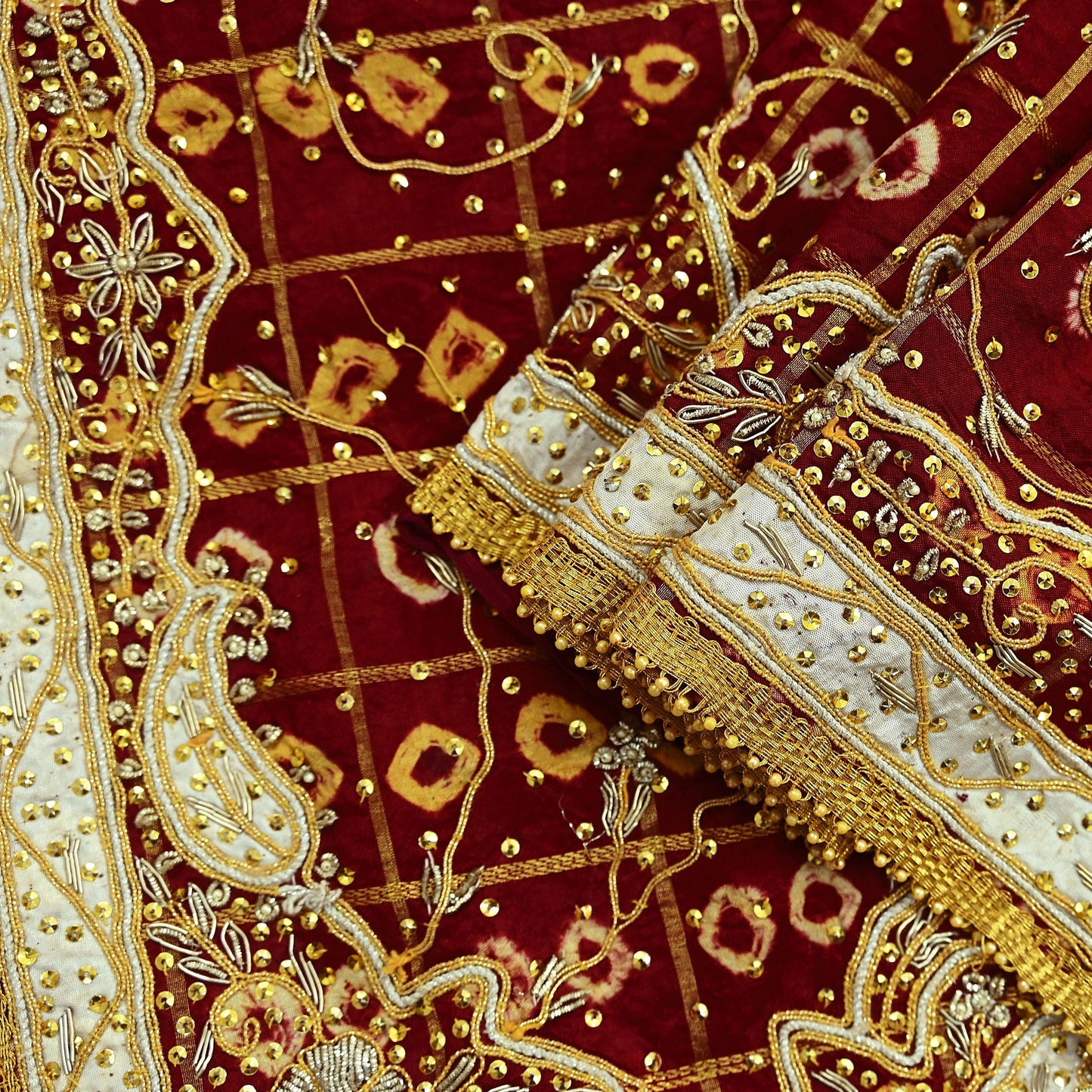 Indian Vintage Heavy Bridal Maroon Dupatta Pure Cotton Long Stole Hand Embroidered Bandhani Gharchola Scarves Wedding/Party Wear Peacock