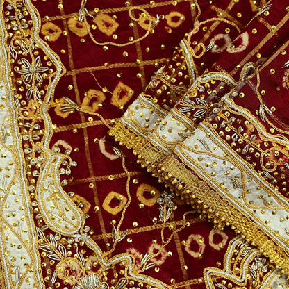 Indian Vintage Heavy Bridal Maroon Dupatta Pure Cotton Long Stole Hand Embroidered Bandhani Gharchola Scarves Wedding/Party Wear Peacock