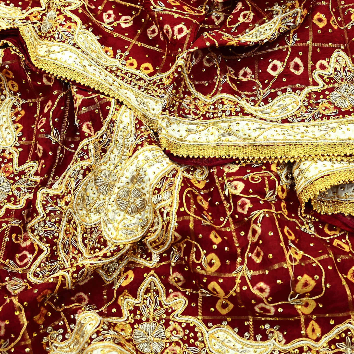 Indian Vintage Heavy Bridal Maroon Dupatta Pure Cotton Long Stole Hand Embroidered Bandhani Gharchola Scarves Wedding/Party Wear Peacock