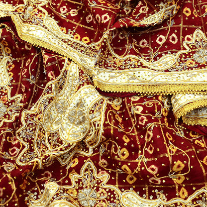 Indian Vintage Heavy Bridal Maroon Dupatta Pure Cotton Long Stole Hand Embroidered Bandhani Gharchola Scarves Wedding/Party Wear Peacock