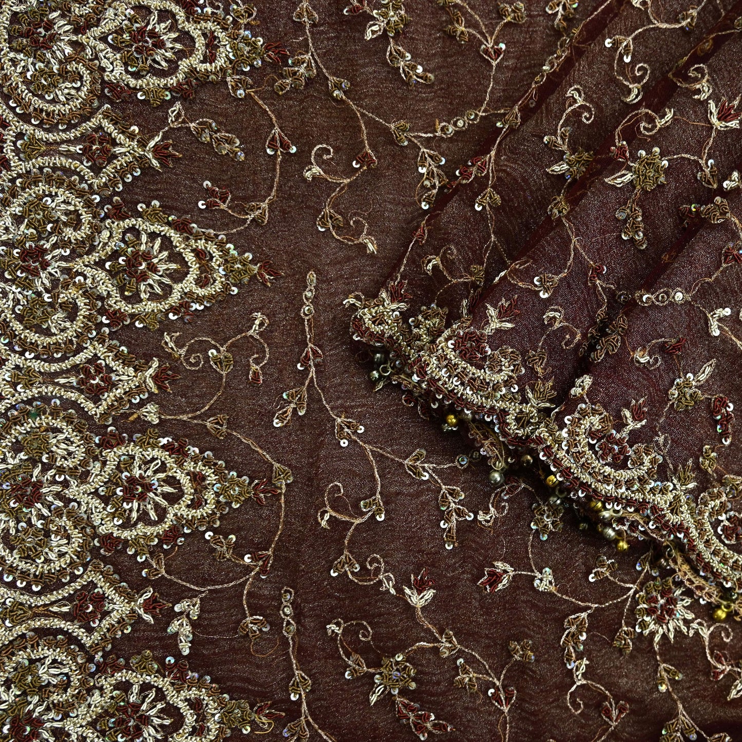 Indian Vintage Heavy Wedding Maroon Dupatta Net Mesh Long Stole Hand Embroidered Scarves Golden Zardozi Zari Sequins Dridal Veil Hijab