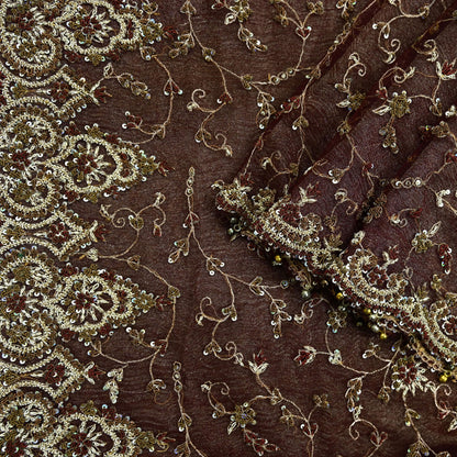 Indian Vintage Heavy Wedding Maroon Dupatta Net Mesh Long Stole Hand Embroidered Scarves Golden Zardozi Zari Sequins Dridal Veil Hijab