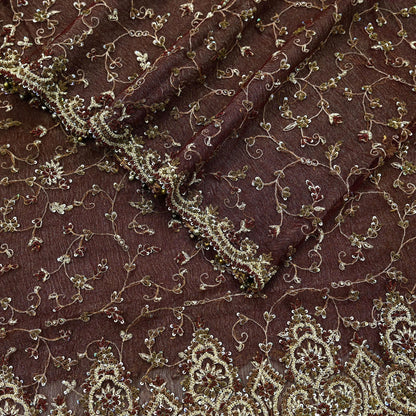 Indian Vintage Heavy Wedding Maroon Dupatta Net Mesh Long Stole Hand Embroidered Scarves Golden Zardozi Zari Sequins Dridal Veil Hijab