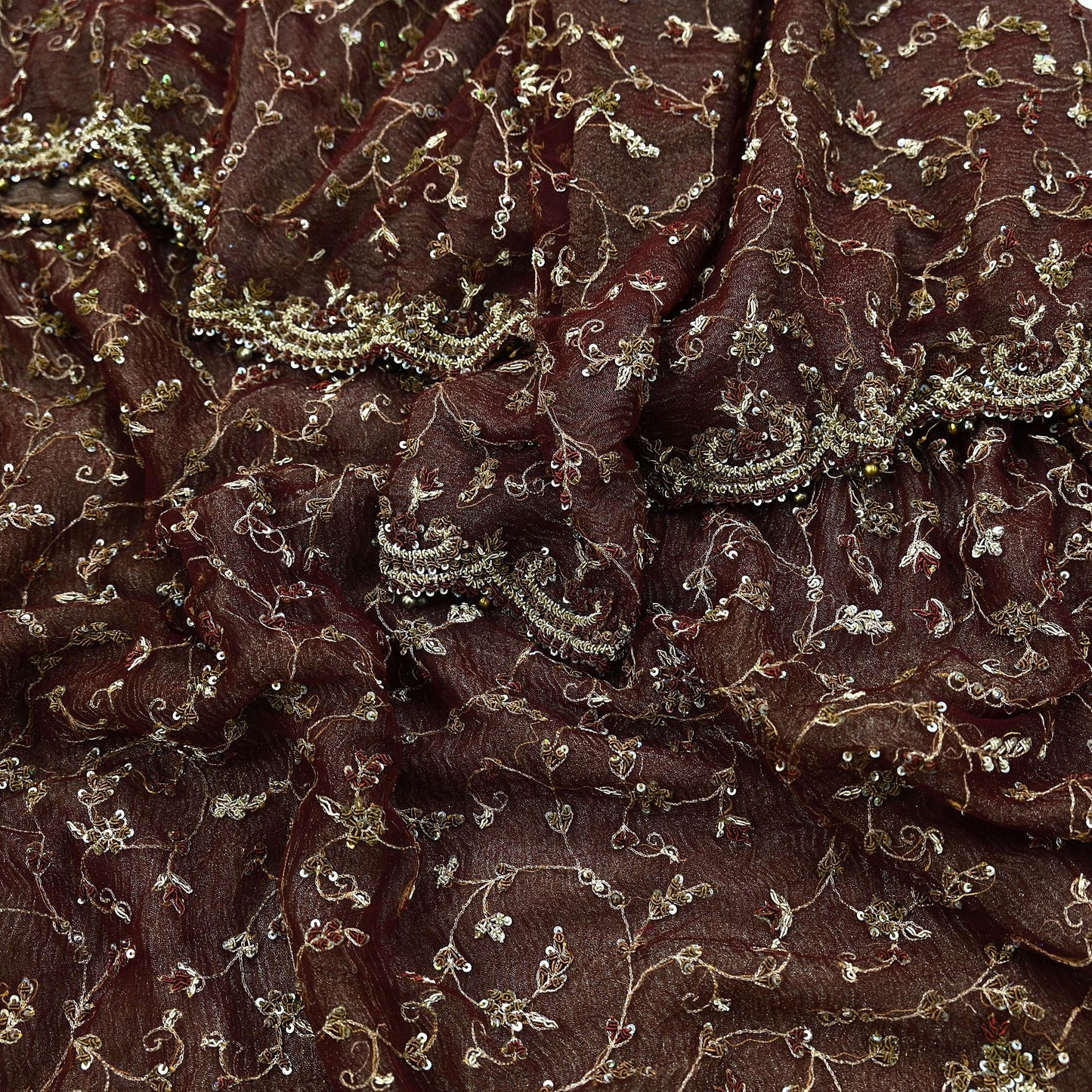 Indian Vintage Heavy Wedding Maroon Dupatta Net Mesh Long Stole Hand Embroidered Scarves Golden Zardozi Zari Sequins Dridal Veil Hijab