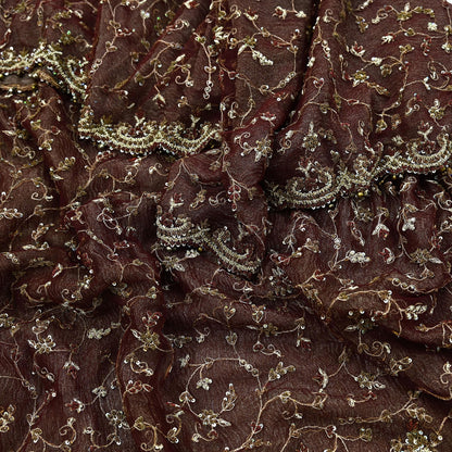 Indian Vintage Heavy Wedding Maroon Dupatta Net Mesh Long Stole Hand Embroidered Scarves Golden Zardozi Zari Sequins Dridal Veil Hijab