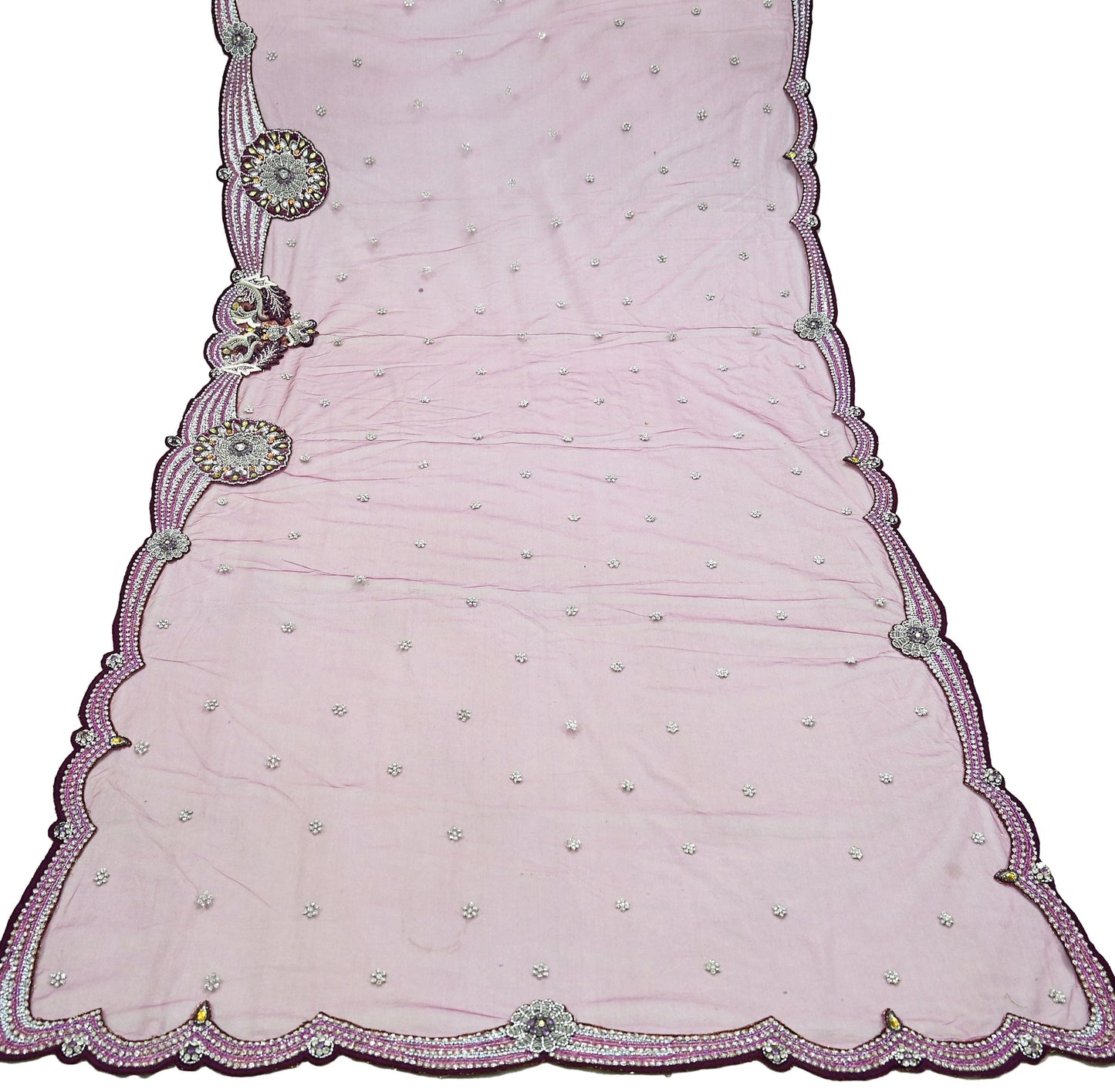 Indian Vintage Heavy Bridal Dupatta Pink Net Mesh Long Stole Hand Embroidered Scarves Sequins Glass Bead Wedding veil Wrap Boho