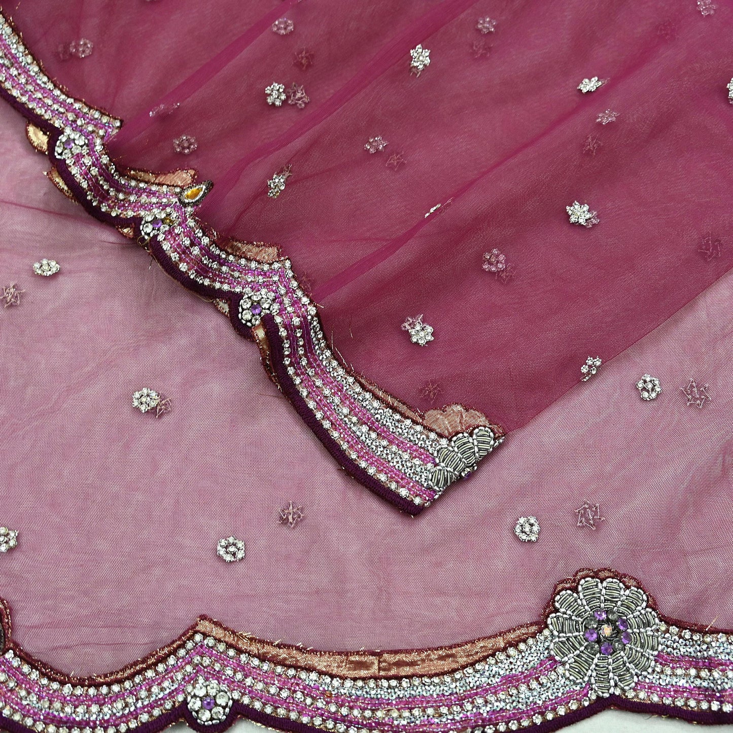 Indian Vintage Heavy Bridal Dupatta Pink Net Mesh Long Stole Hand Embroidered Scarves Sequins Glass Bead Wedding veil Wrap Boho