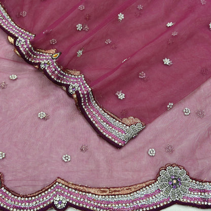 Indian Vintage Heavy Bridal Dupatta Pink Net Mesh Long Stole Hand Embroidered Scarves Sequins Glass Bead Wedding veil Wrap Boho