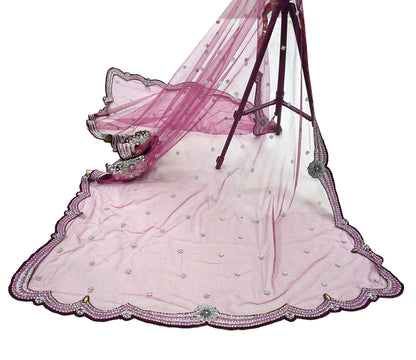 Indian Vintage Heavy Bridal Dupatta Pink Net Mesh Long Stole Hand Embroidered Scarves Sequins Glass Bead Wedding veil Wrap Boho