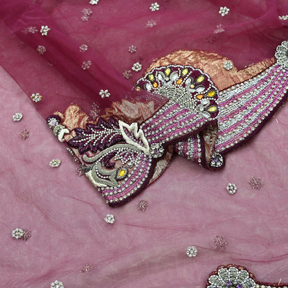 Indian Vintage Heavy Bridal Dupatta Pink Net Mesh Long Stole Hand Embroidered Scarves Sequins Glass Bead Wedding veil Wrap Boho