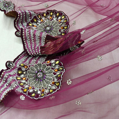 Indian Vintage Heavy Bridal Dupatta Pink Net Mesh Long Stole Hand Embroidered Scarves Sequins Glass Bead Wedding veil Wrap Boho