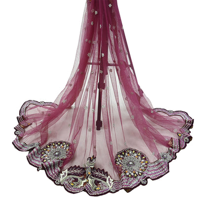 Indian Vintage Heavy Bridal Dupatta Pink Net Mesh Long Stole Hand Embroidered Scarves Sequins Glass Bead Wedding veil Wrap Boho