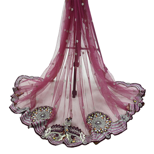 Indian Vintage Heavy Bridal Dupatta Pink Net Mesh Long Stole Hand Embroidered Scarves Sequins Glass Bead Wedding veil Wrap Boho