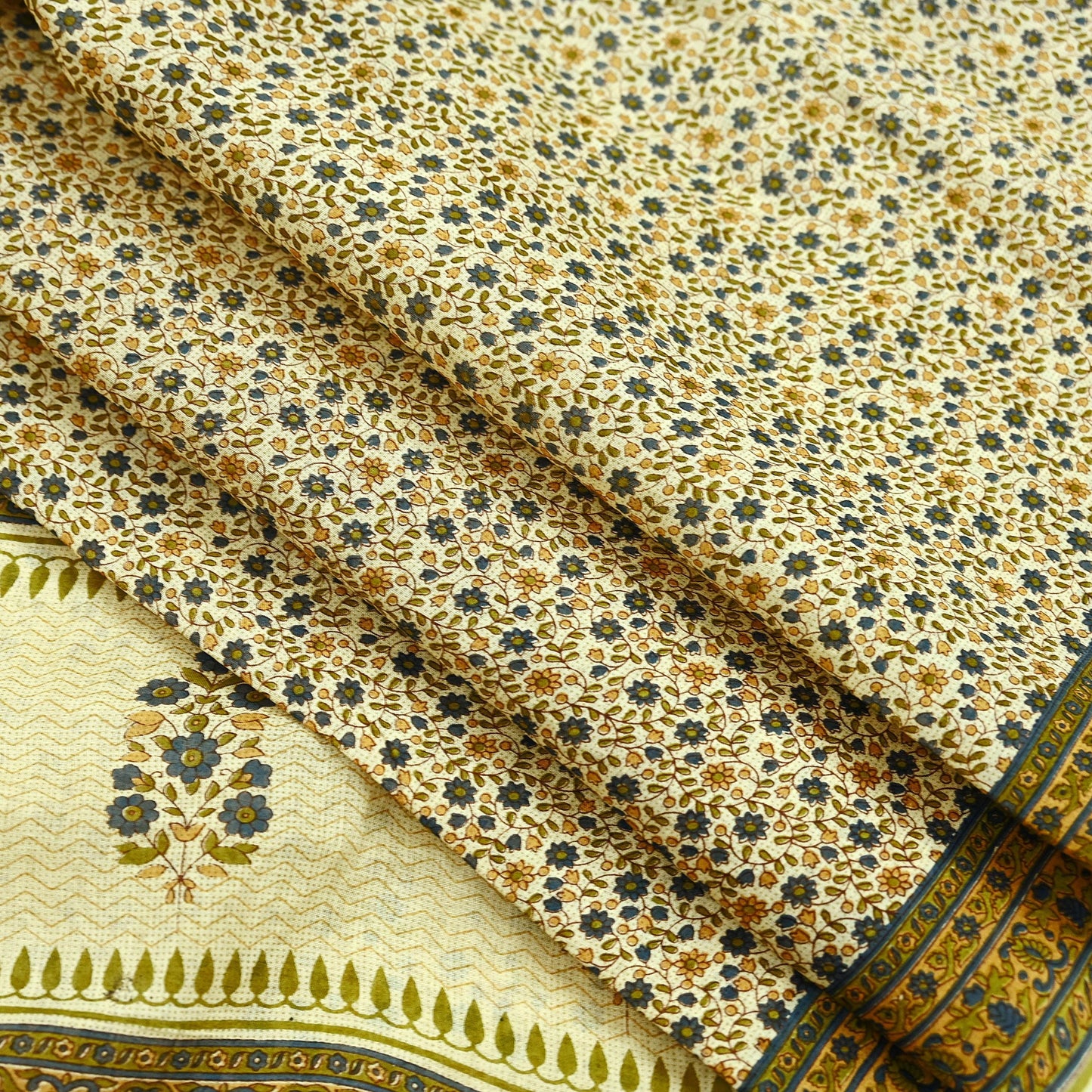 Indian Vintage Sari Ivory Printed Pure Cotton Sarees 5Yd Craft Fabric Sewing Sarong Wrap Boho Upcycle quilting Dress making