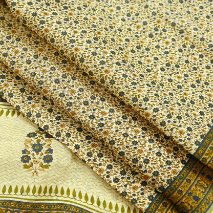 Indian Vintage Sari Ivory Printed Pure Cotton Sarees 5Yd Craft Fabric Sewing Sarong Wrap Boho Upcycle quilting Dress making