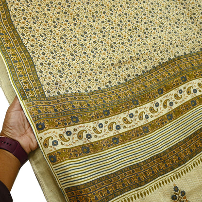 Indian Vintage Sari Ivory Printed Pure Cotton Sarees 5Yd Craft Fabric Sewing Sarong Wrap Boho Upcycle quilting Dress making