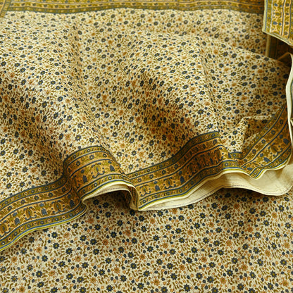 Indian Vintage Sari Ivory Printed Pure Cotton Sarees 5Yd Craft Fabric Sewing Sarong Wrap Boho Upcycle quilting Dress making