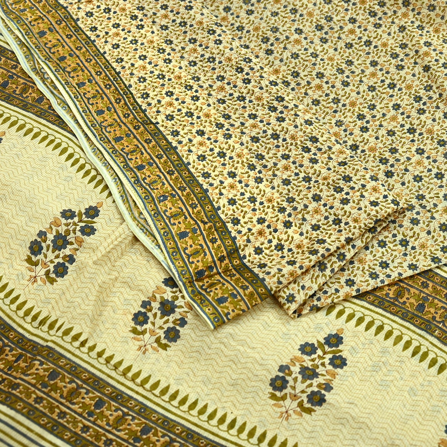 Indian Vintage Sari Ivory Printed Pure Cotton Sarees 5Yd Craft Fabric Sewing Sarong Wrap Boho Upcycle quilting Dress making