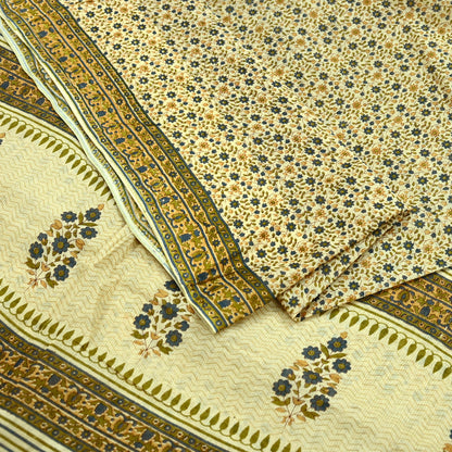 Indian Vintage Sari Ivory Printed Pure Cotton Sarees 5Yd Craft Fabric Sewing Sarong Wrap Boho Upcycle quilting Dress making