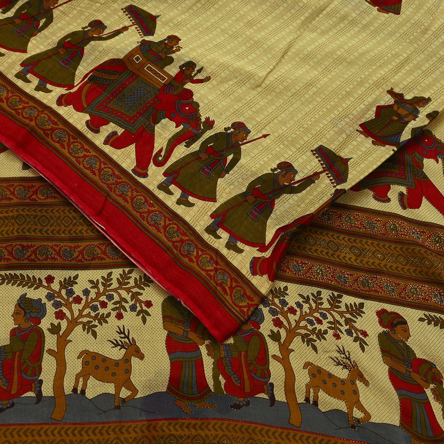 Indian Vintage Sari Beige Printed Pure Cotton Sarees Fabric 5Yd Sarong Wrap Boho Fabric Kimono Soft Dress making Crafting Quilting