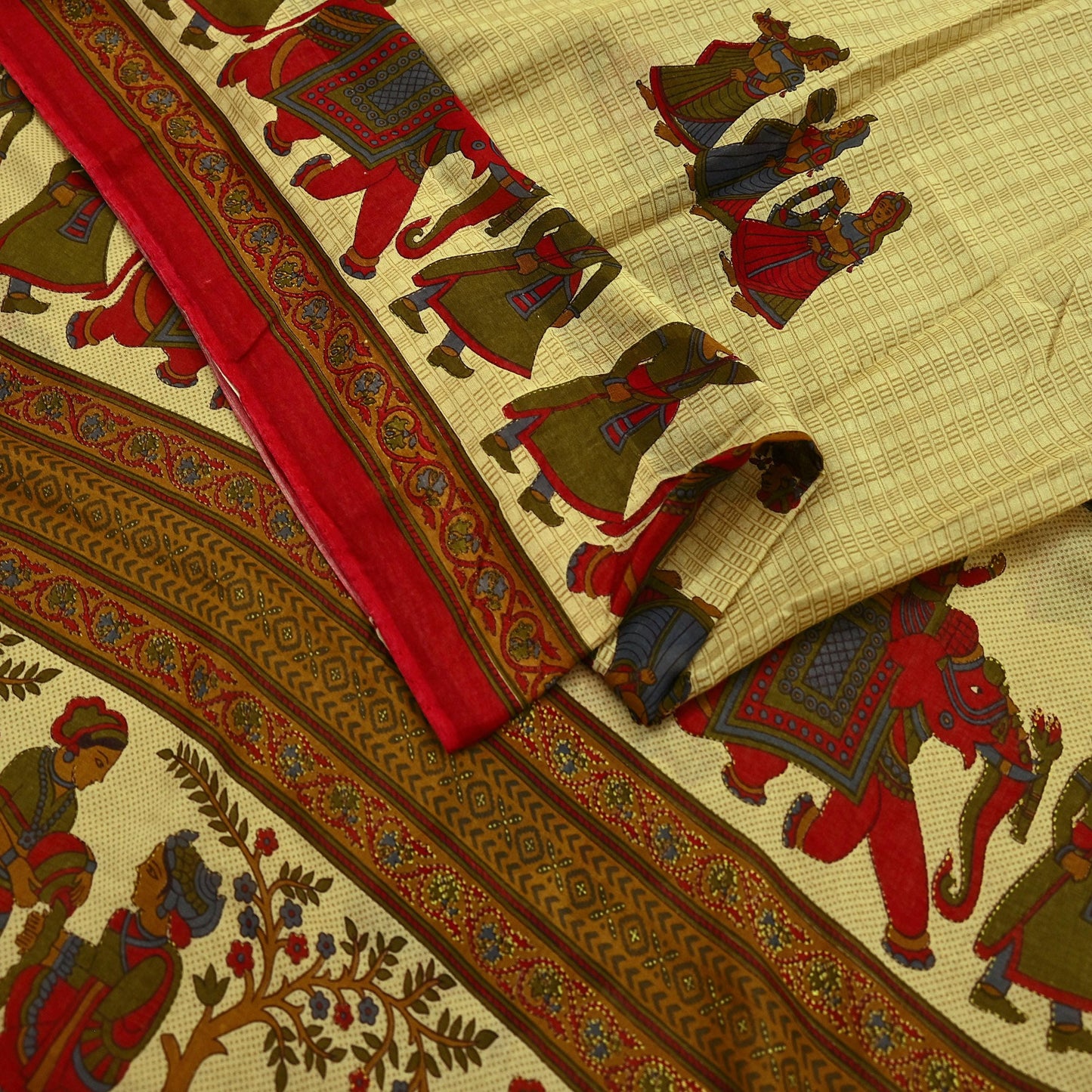 Indian Vintage Sari Beige Printed Pure Cotton Sarees Fabric 5Yd Sarong Wrap Boho Fabric Kimono Soft Dress making Crafting Quilting