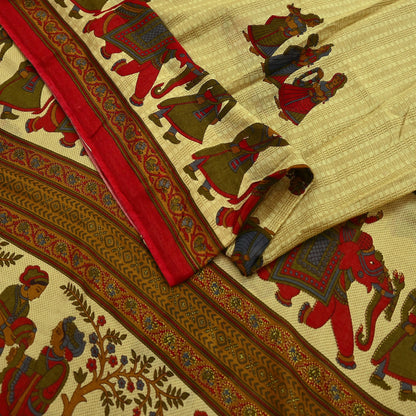 Indian Vintage Sari Beige Printed Pure Cotton Sarees Fabric 5Yd Sarong Wrap Boho Fabric Kimono Soft Dress making Crafting Quilting