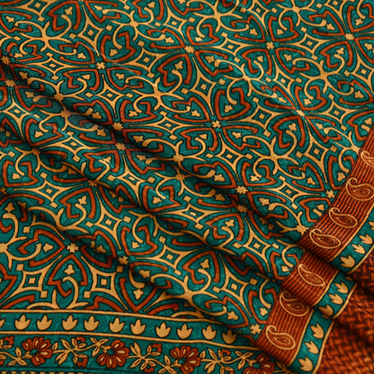 Indian Vintage Green Moss Crepe Saree | Printed Floral Sari Fabric | 5 Yards | Soft Craft Fabric for Sewing, Dressmaking, Quilting,Upcycling